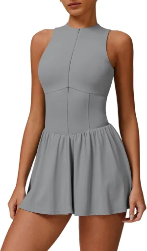 Womens Tennis Golf Dress with Built-in Bra Shorts Zipper Slim Fit A-line Hem Skirt Athletic Dresses with Pockets
