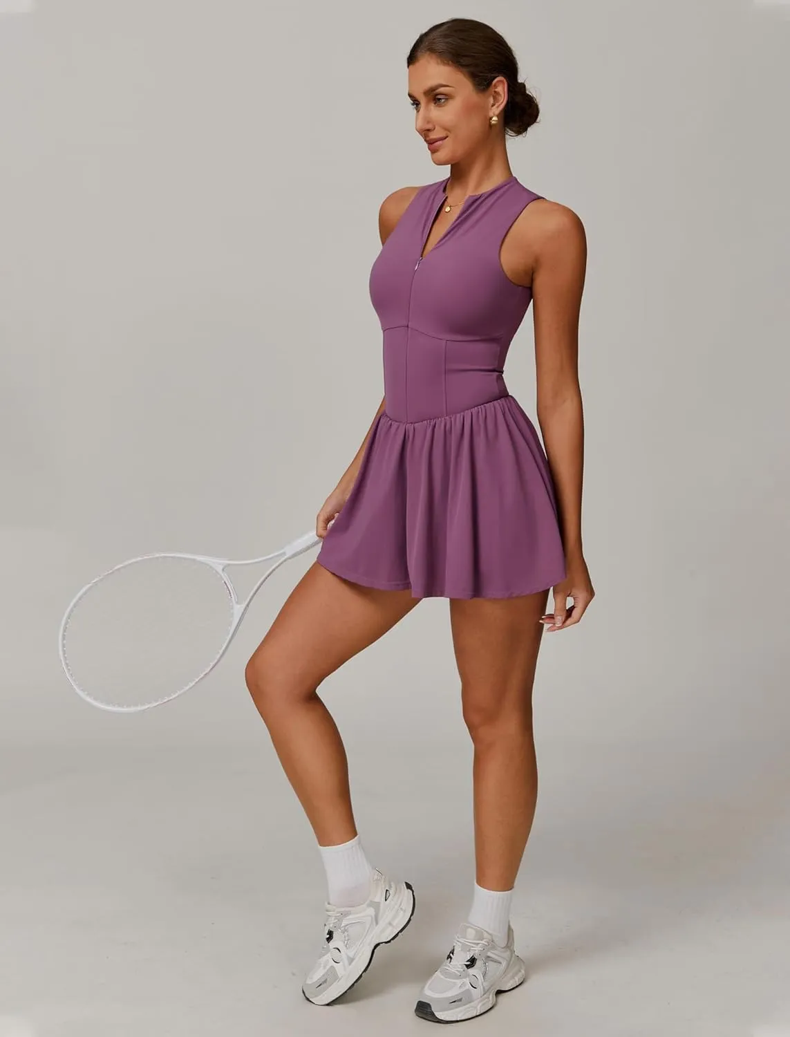 Womens Tennis Golf Dress with Built-in Bra Shorts Zipper Slim Fit A-line Hem Skirt Athletic Dresses with Pockets