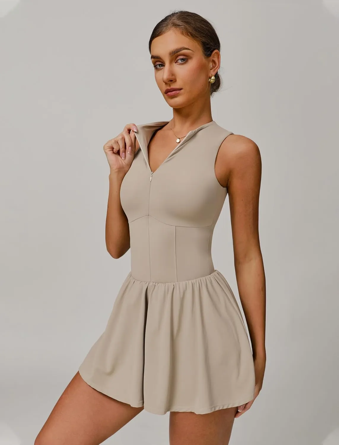Womens Tennis Golf Dress with Built-in Bra Shorts Zipper Slim Fit A-line Hem Skirt Athletic Dresses with Pockets