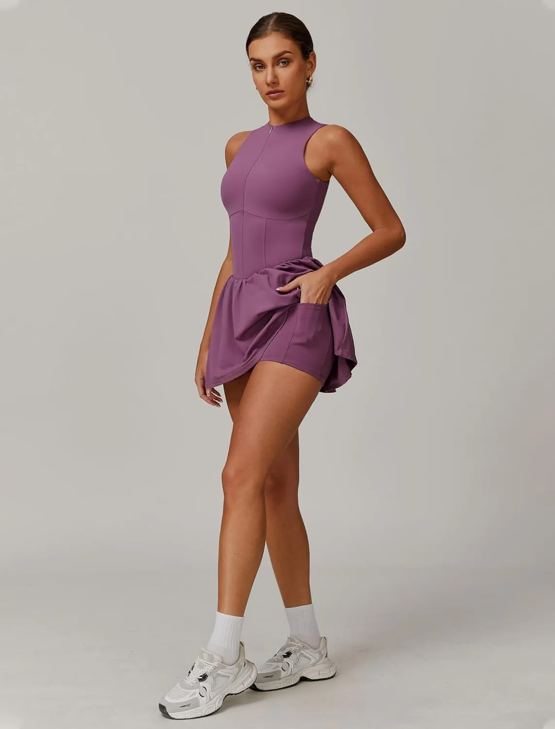 Womens Tennis Golf Dress with Built-in Bra Shorts Zipper Slim Fit A-line Hem Skirt Athletic Dresses with Pockets