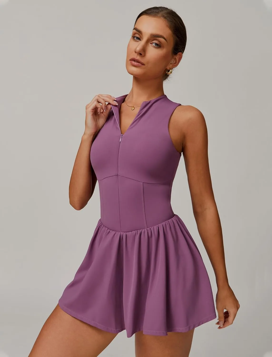 Womens Tennis Golf Dress with Built-in Bra Shorts Zipper Slim Fit A-line Hem Skirt Athletic Dresses with Pockets