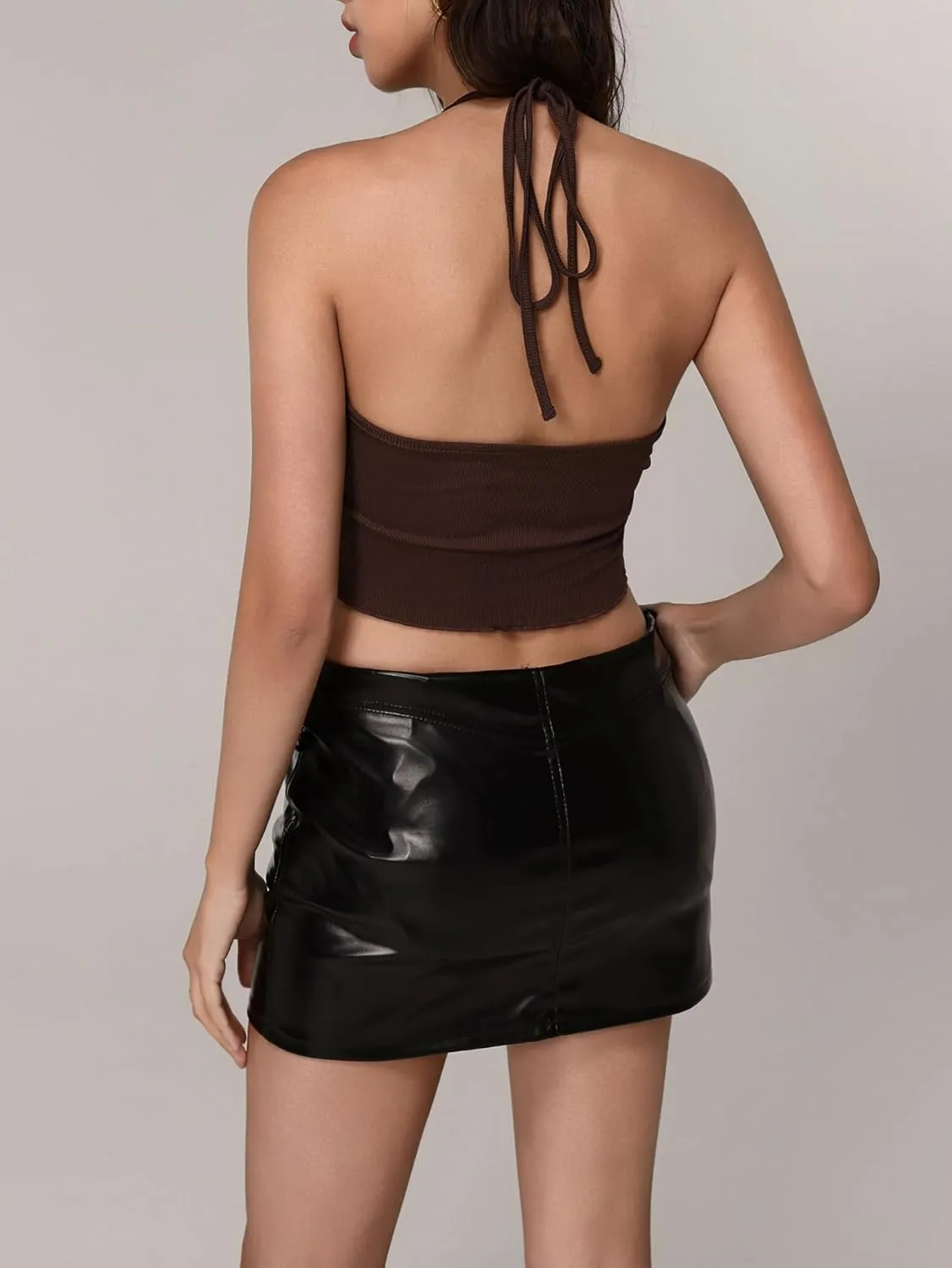Women's Tie Front Ruched Halter Tops Split Asymmetrical Hem Fitted Camisole Tank Top