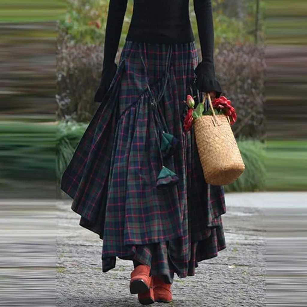 Women's Vintage Long Skirt Plaid Fringe Irregular High Waisted Skirts Tiered Pirate Skirt Plus Size Punk