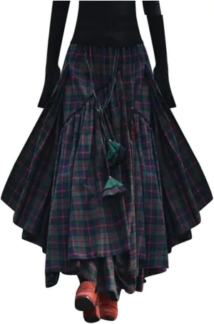 Women's Vintage Long Skirt Plaid Fringe Irregular High Waisted Skirts Tiered Pirate Skirt Plus Size Punk