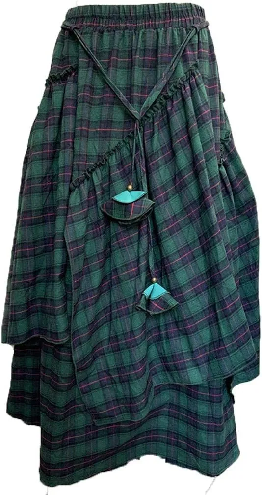 Women's Vintage Long Skirt Plaid Fringe Irregular High Waisted Skirts Tiered Pirate Skirt Plus Size Punk