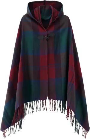 Women's Vintage Plaid Knitted Tassel Poncho Shawl Cape Button Cardigan