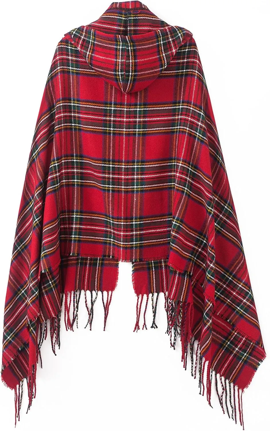 Women's Vintage Plaid Knitted Tassel Poncho Shawl Cape Button Cardigan