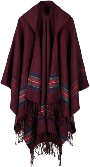 Women's Vintage Plaid Knitted Tassel Poncho Shawl Cape Button Cardigan