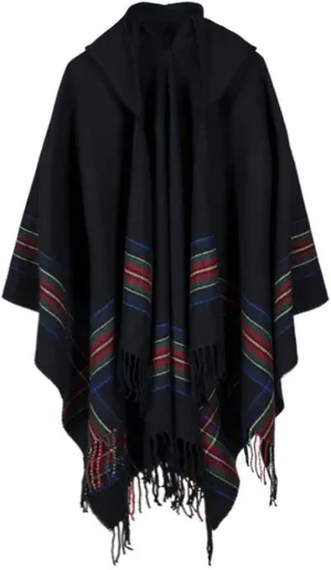 Women's Vintage Plaid Knitted Tassel Poncho Shawl Cape Button Cardigan