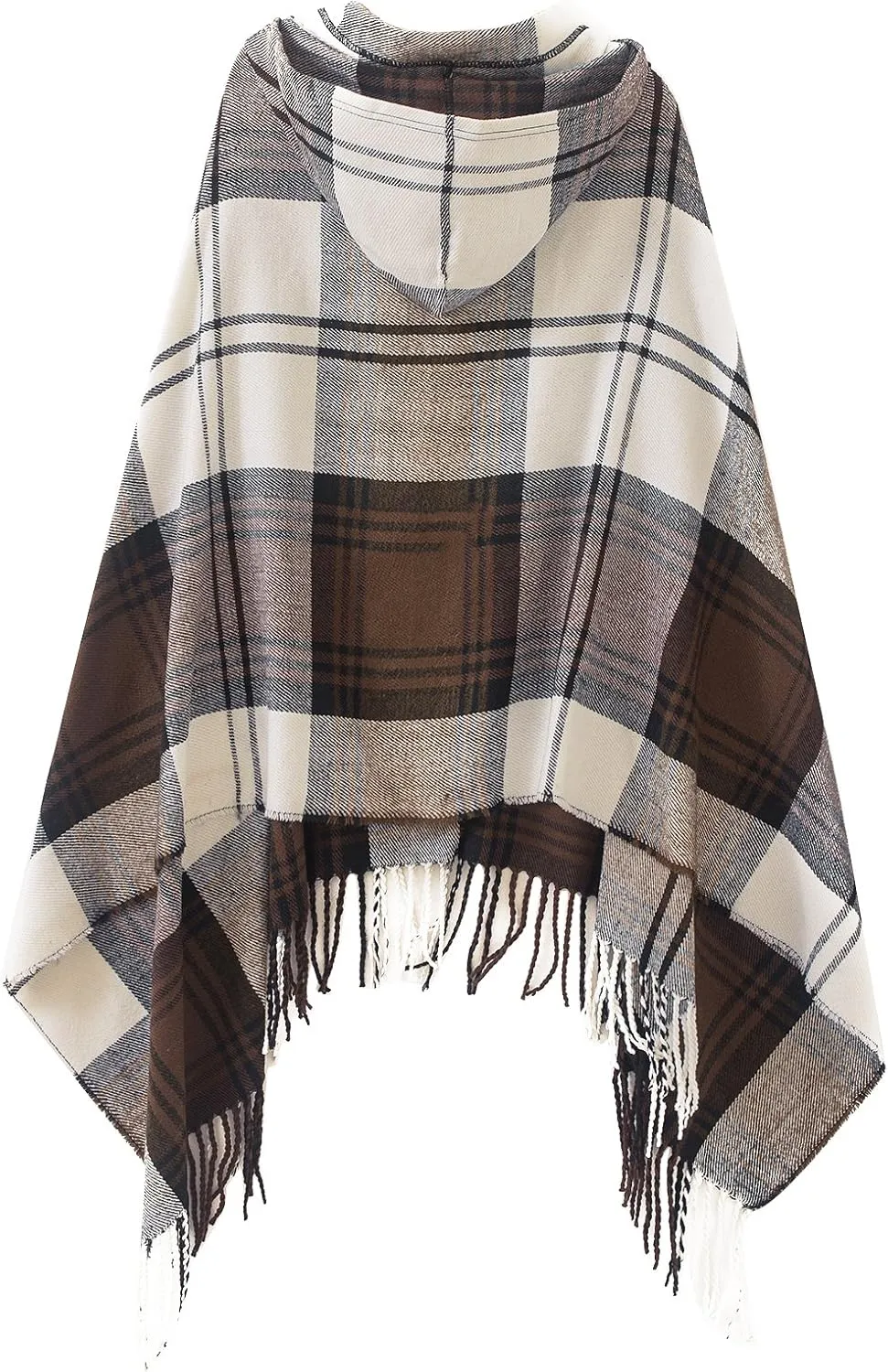 Women's Vintage Plaid Knitted Tassel Poncho Shawl Cape Button Cardigan