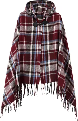 Women's Vintage Plaid Knitted Tassel Poncho Shawl Cape Button Cardigan