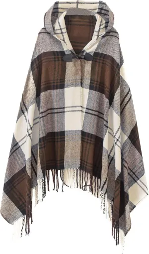 Women's Vintage Plaid Knitted Tassel Poncho Shawl Cape Button Cardigan