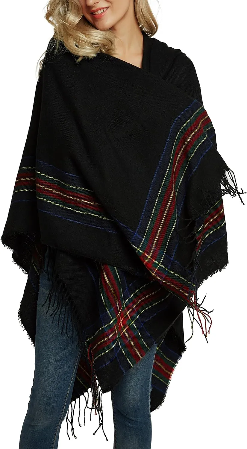Women's Vintage Plaid Knitted Tassel Poncho Shawl Cape Button Cardigan
