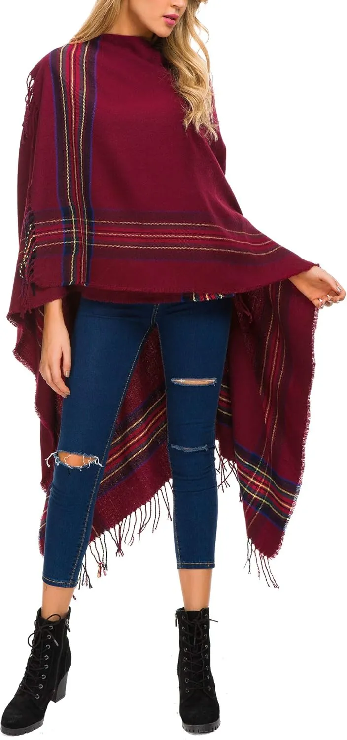Women's Vintage Plaid Knitted Tassel Poncho Shawl Cape Button Cardigan