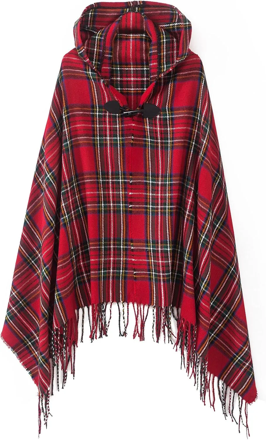 Women's Vintage Plaid Knitted Tassel Poncho Shawl Cape Button Cardigan