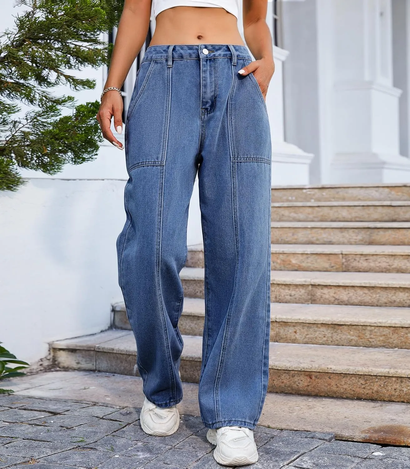Womens Wide Leg Jeans High Waisted Seamed Baggy Demin Pants Casual Jean Pants with Pockets Trouser Jeans