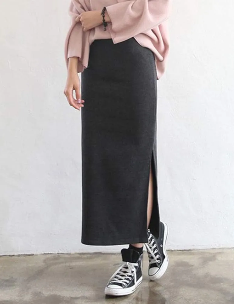 Ylingjun Women's Fleece Lined One Side Split Jersey Pull On Pencil Long Skirt