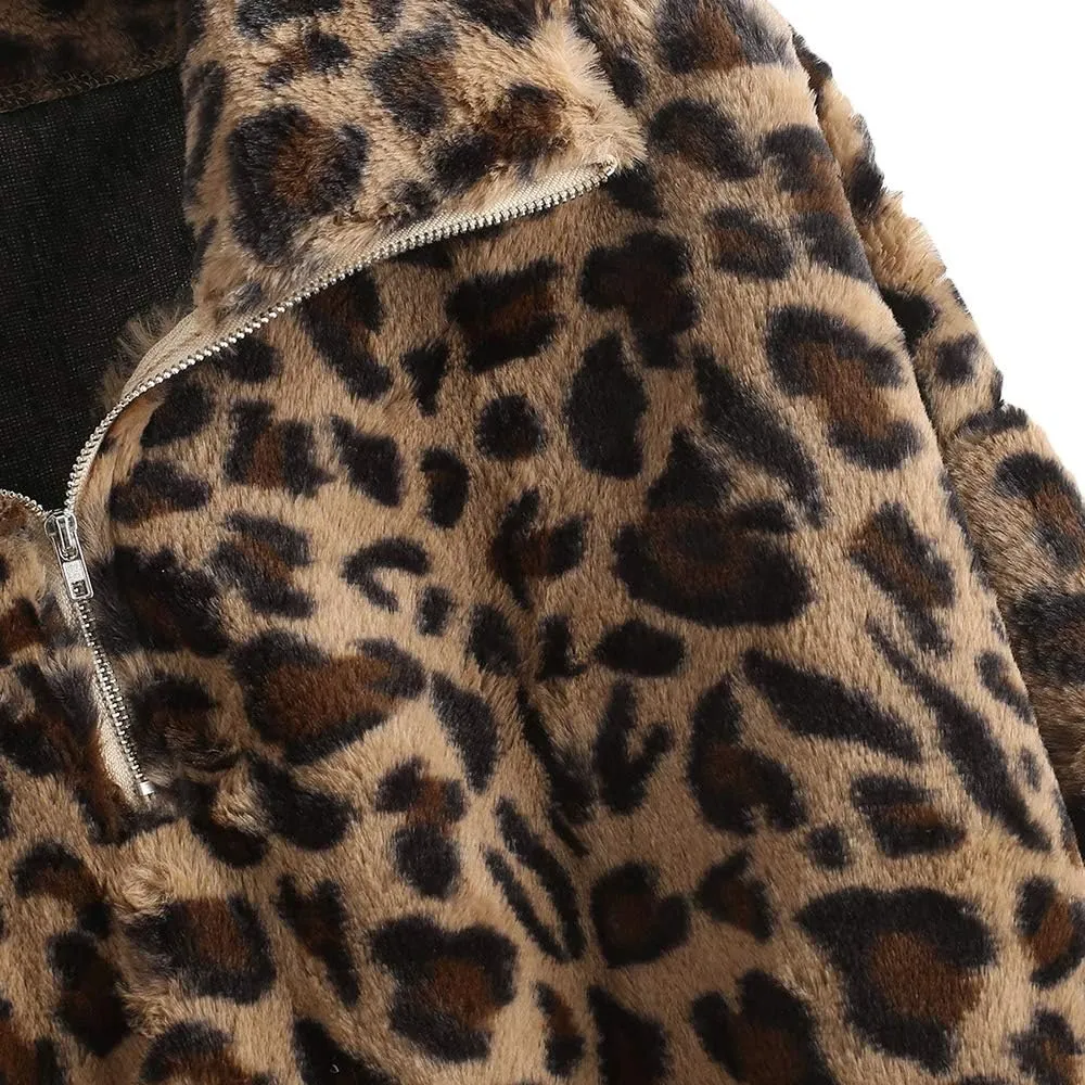 ZAFUL Women's Fashion Long Sleeve Lapel Half Zip Plain Faux Fur Sweatshirt Solid Color Crop Pullover Tops