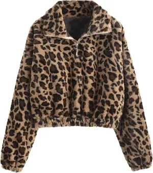 ZAFUL Women's Fashion Long Sleeve Lapel Half Zip Plain Faux Fur Sweatshirt Solid Color Crop Pullover Tops