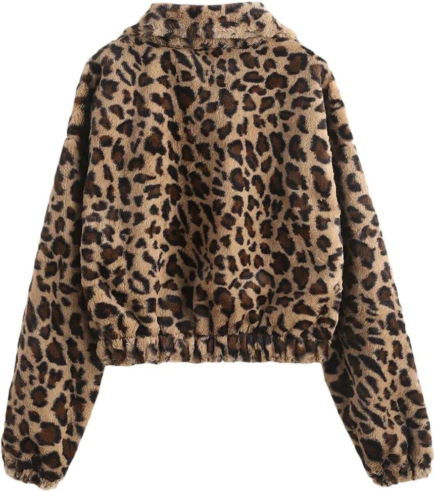 ZAFUL Women's Fashion Long Sleeve Lapel Half Zip Plain Faux Fur Sweatshirt Solid Color Crop Pullover Tops