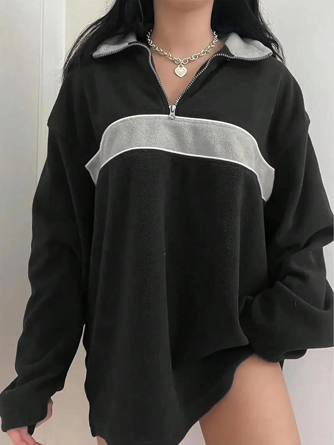 ZAFUL Women's Fashion Long Sleeve Lapel Half Zip Plain Faux Fur Sweatshirt Solid Color Crop Pullover Tops
