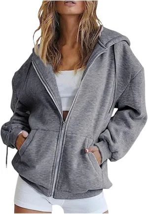 Zip Up Hoodie Women Y2K Oversized Sweatshirts Long Sleeve Fleece Jacket Pockets 2024 Fall Casual Fashion Clothes